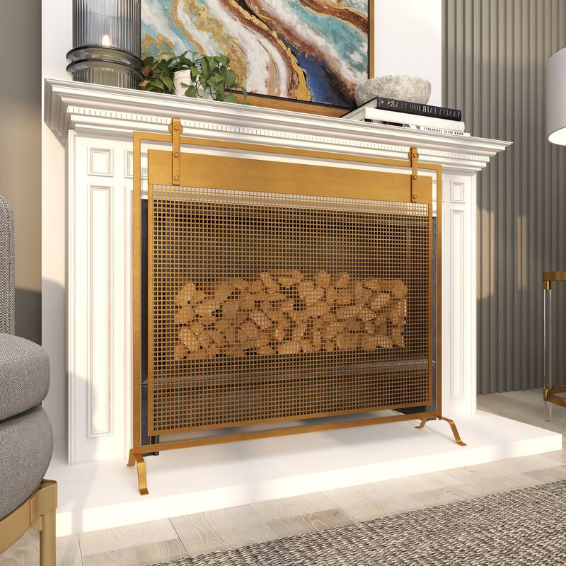 Copper Metal Suspended Grid Style Netting Single Panel Fireplace Screen with Bolted Detailing