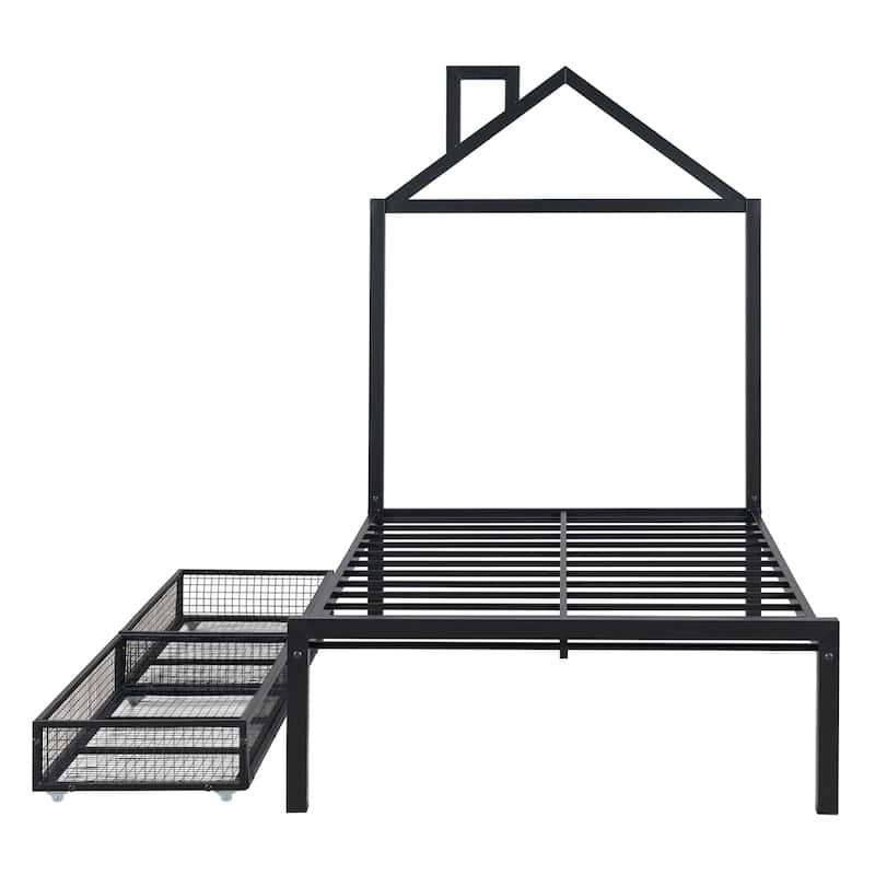 Twin Size House Shaped Metal Platform Bed with Drawers