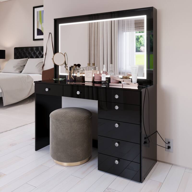 Boahaus Vanity Desk, Crystal Knobs, LED Lights, 7 Drawers - Black