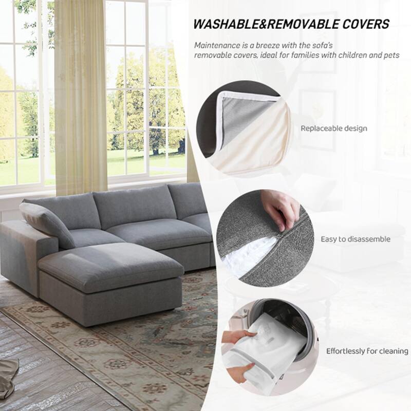 160.6" Modern Linen Sectional Sofa，4-seater Modular Couch with Storage Ottoman for Living Room.