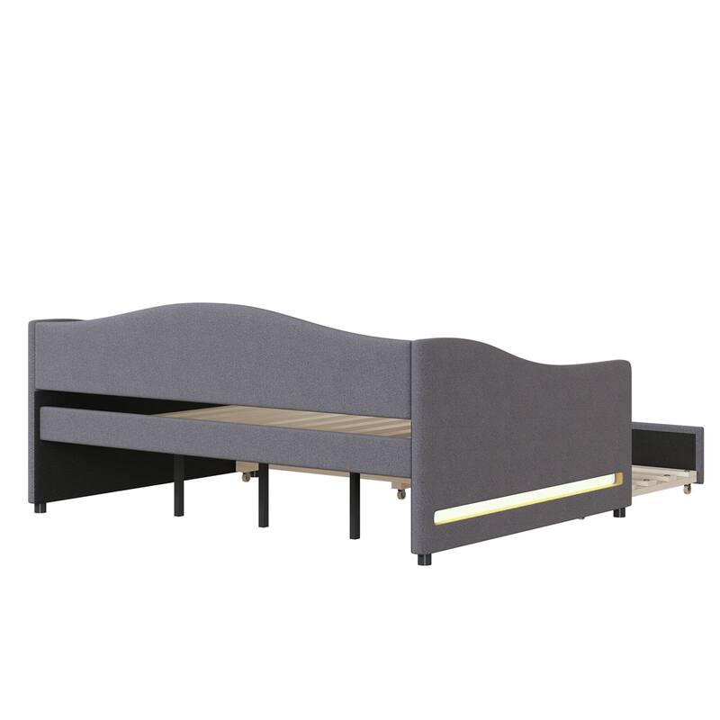 Full Size Upholstered Daybed with LED Light and Trundle
