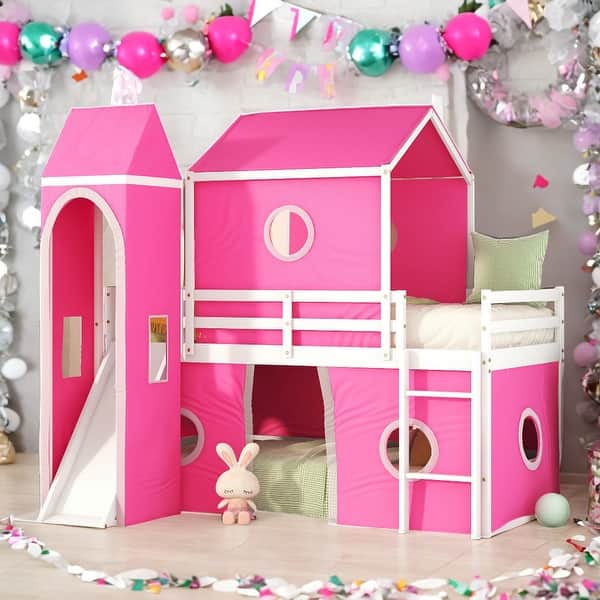 slide 2 of 28, Multifunction Twin Size Bunk Bed With Slide Pink Tent and Tower Pink