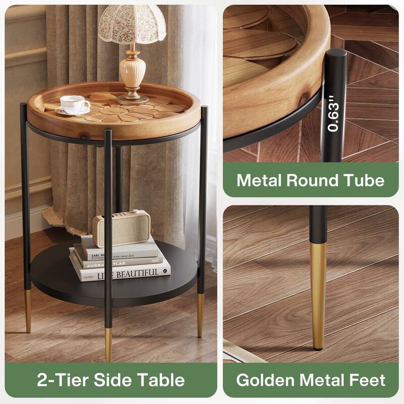 Round Side Table with Solid Wood and Metal