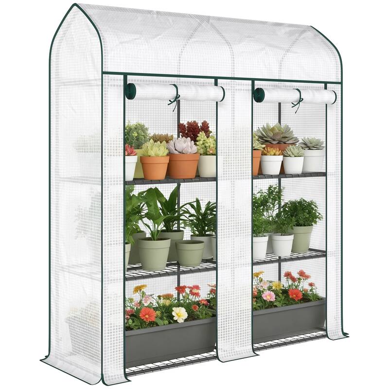 Outsunny 3 Tier Mini Greenhouse, 56.3" x 18.1" x 65" Small Portable Greenhouse with 2 Roll-up Doors