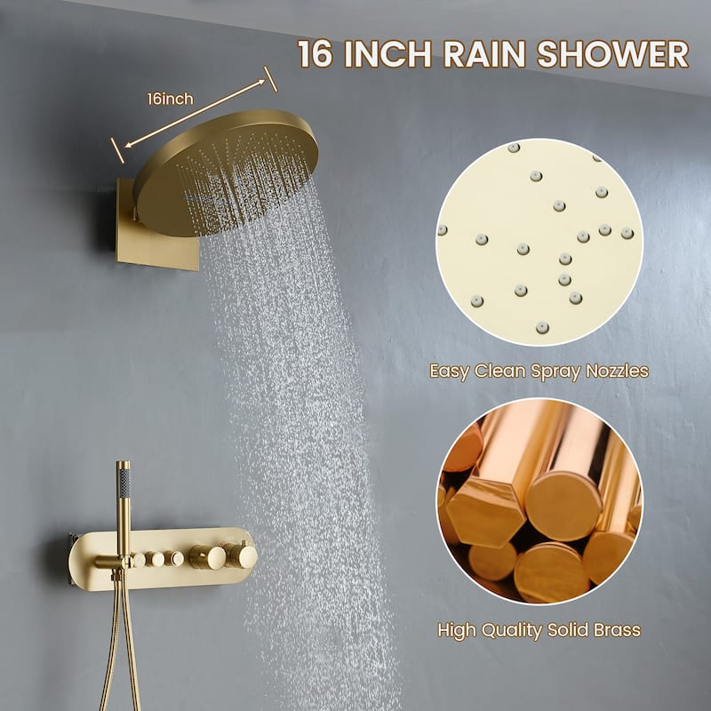 Double Handles 3-Spray Patterns 16 in. Wall Mount Thermostatic Shower Faucet 2.5 GPM with Handheld Shower