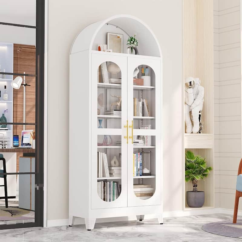 73"H Metal Tall Arched Kitchen Pantry Storage Cabinet with Glass Door
