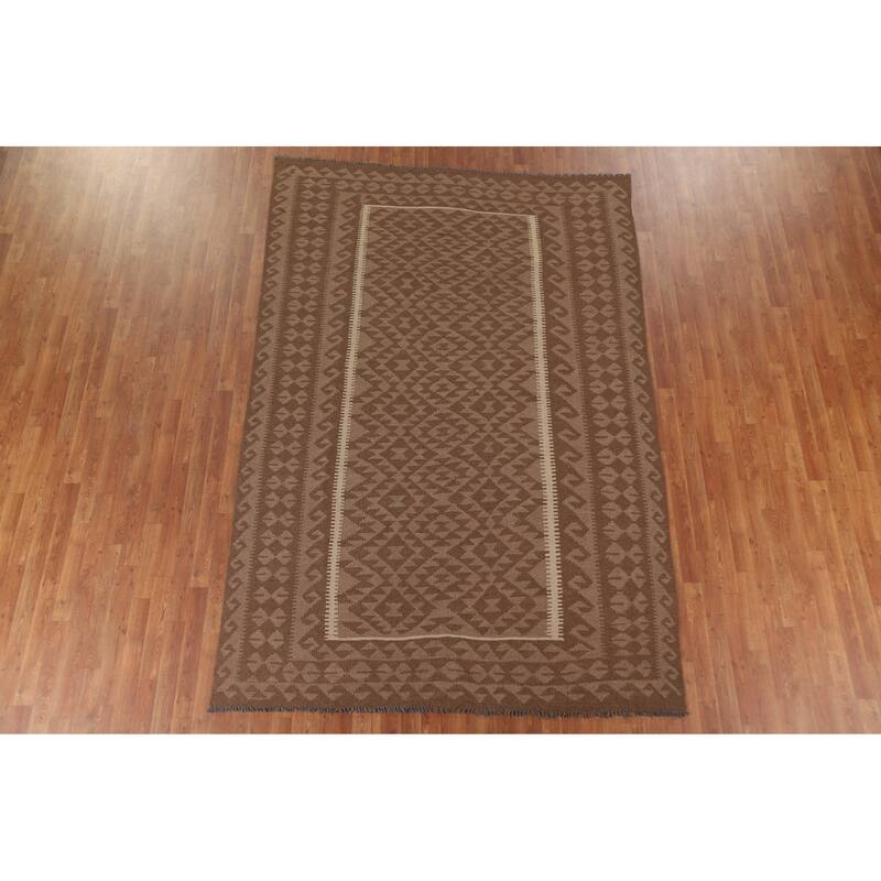 Hand Woven Oriental 100% Wool Carpet Southwestern Geometric Brown Kilim Area Rug - 9' 10'' X 6' 7''