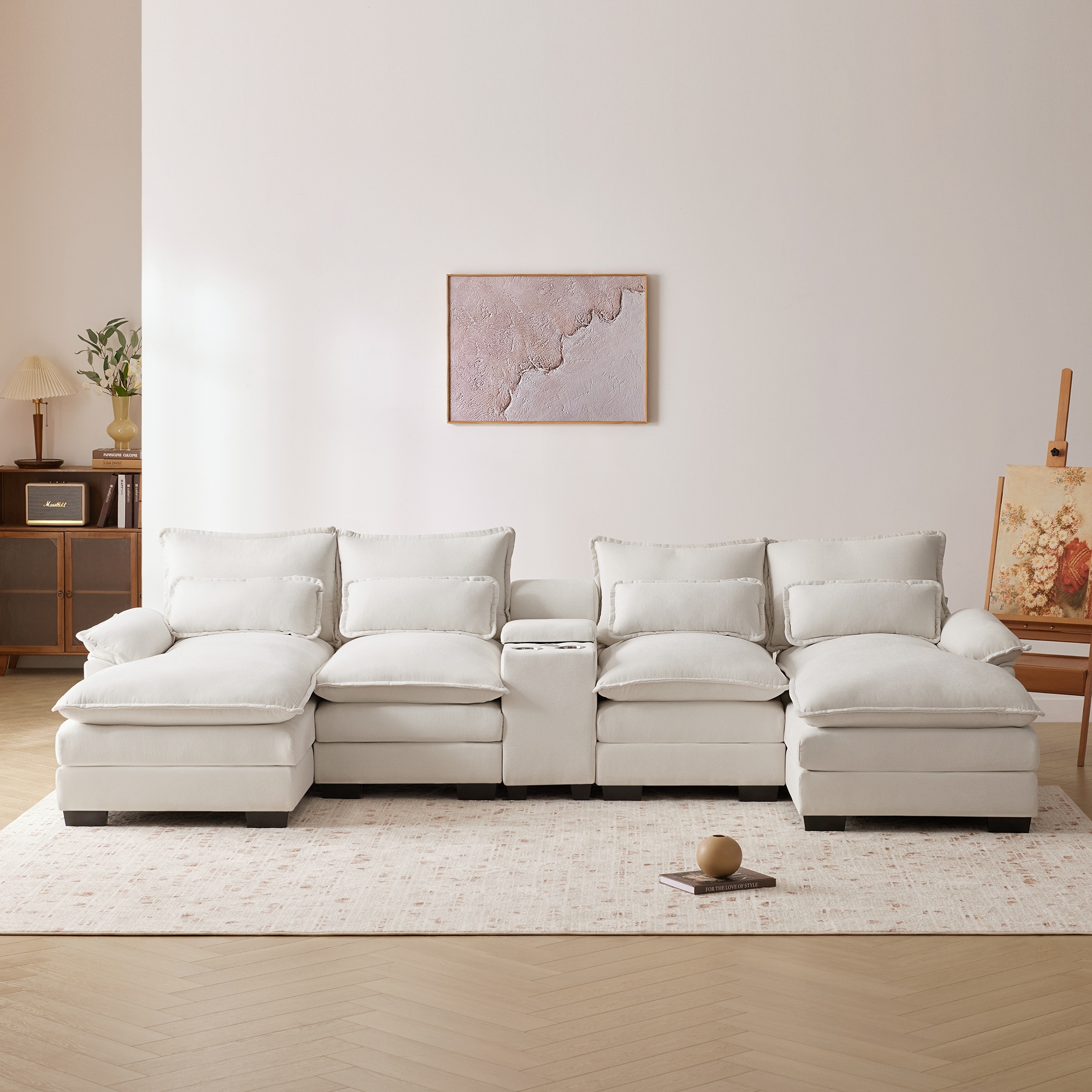 123 U shaped Sectional Sofa w Chaise Console 6 Seater Recliner Sofa Set w Cupholders USB Ports for Living Room
