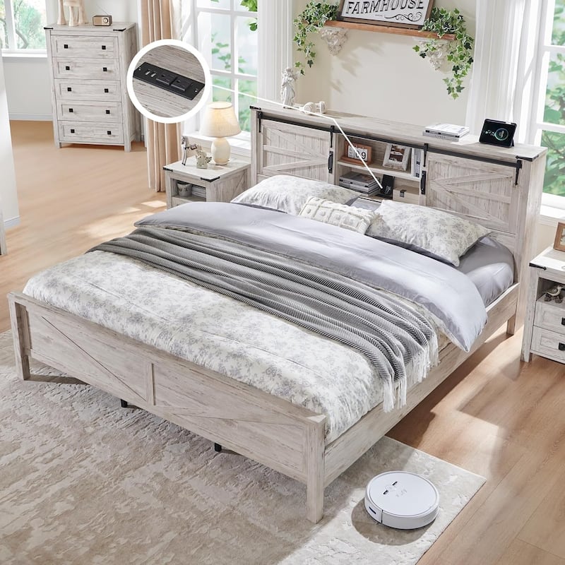 Farmhouse King Size Bed Frame with Storage Shelves & Charging Station - Antique Brushed White