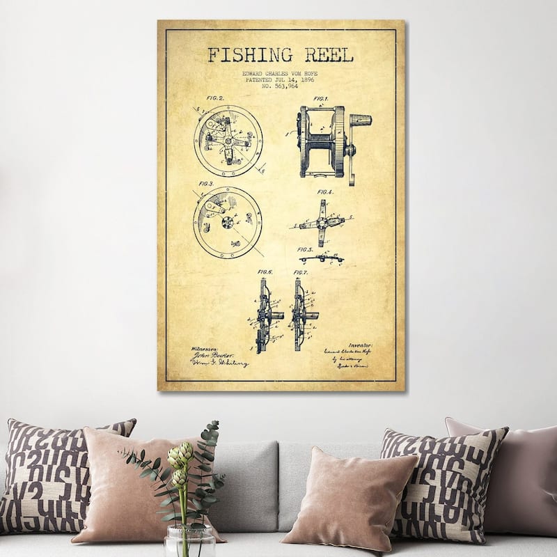 iCanvas "Fishing Reel Vintage Patent Blueprint" by Aged Pixel Canvas Print