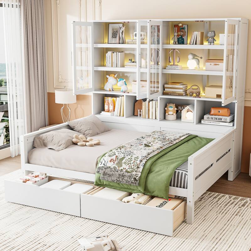 Full/Twin Size Daybed with Glass-Door Storage Cabinets, Built-in LED Lighting and Shelves