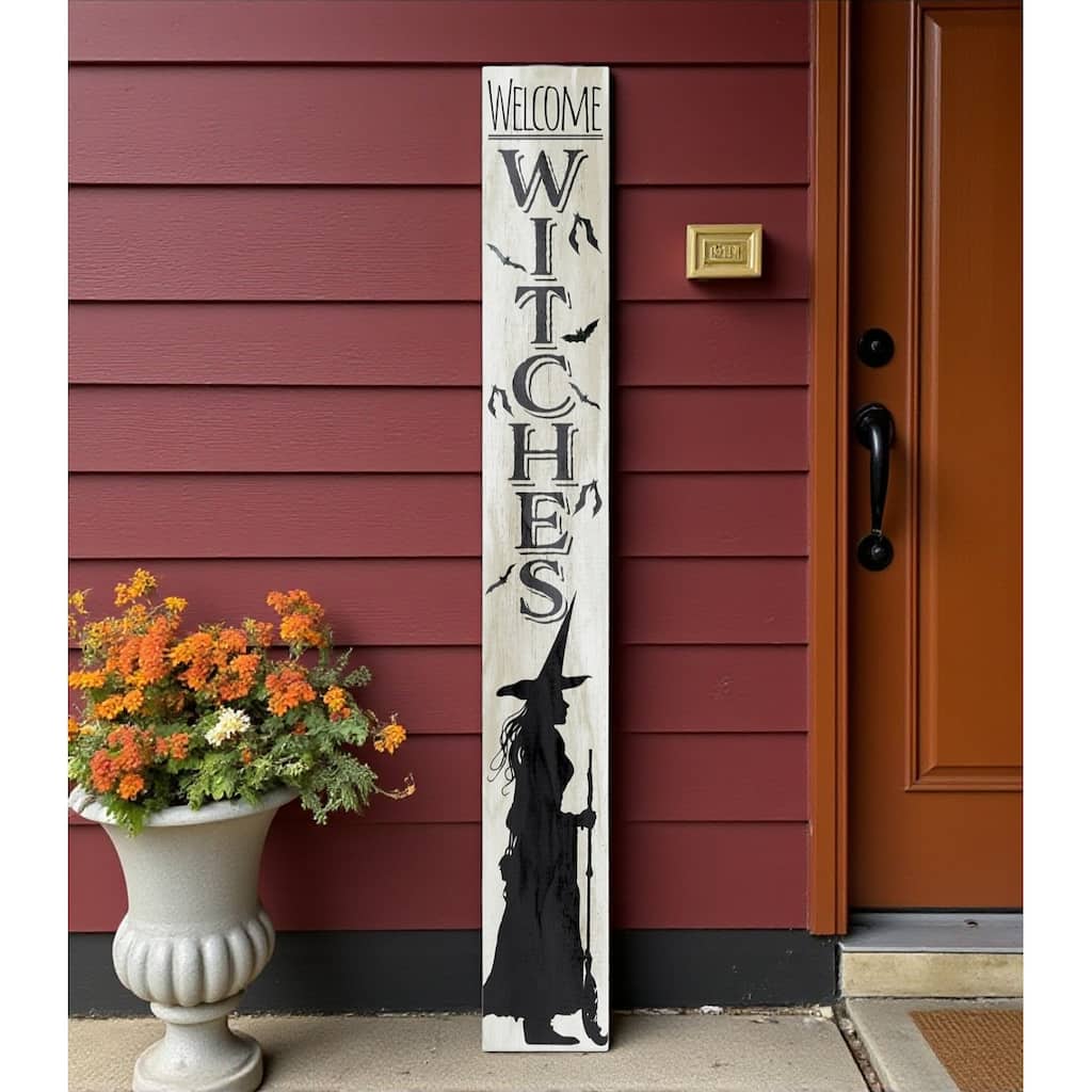 HomeRoots 72" Black And White Solid Wood Welcome Home Halloween Witch Porch Sign
