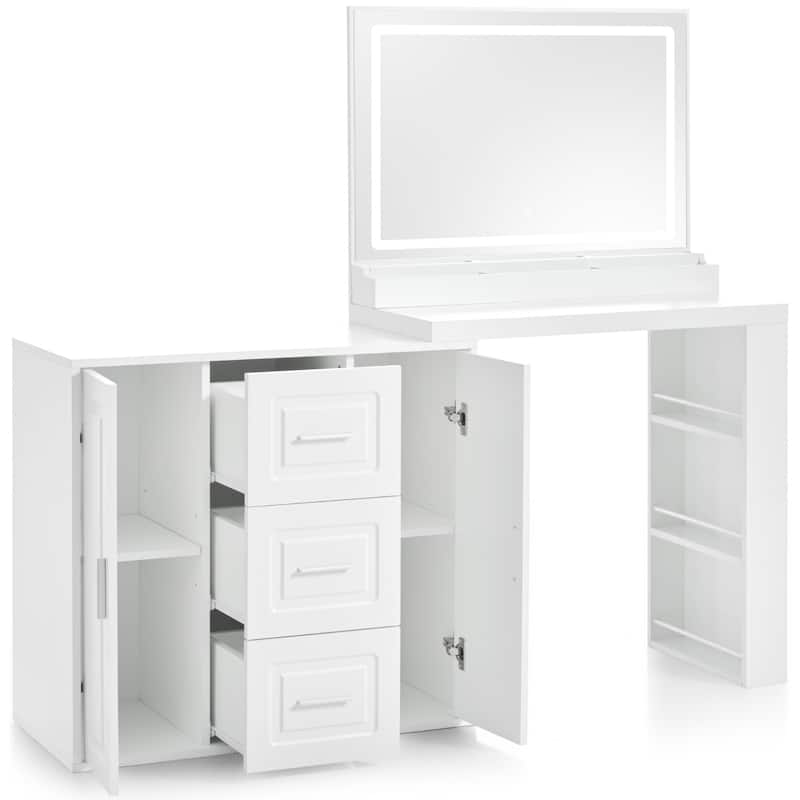 59" Makeup Vanity Desk with Mirror&Lights, Dressing Table with 3 Drawers and 2 Cabinets