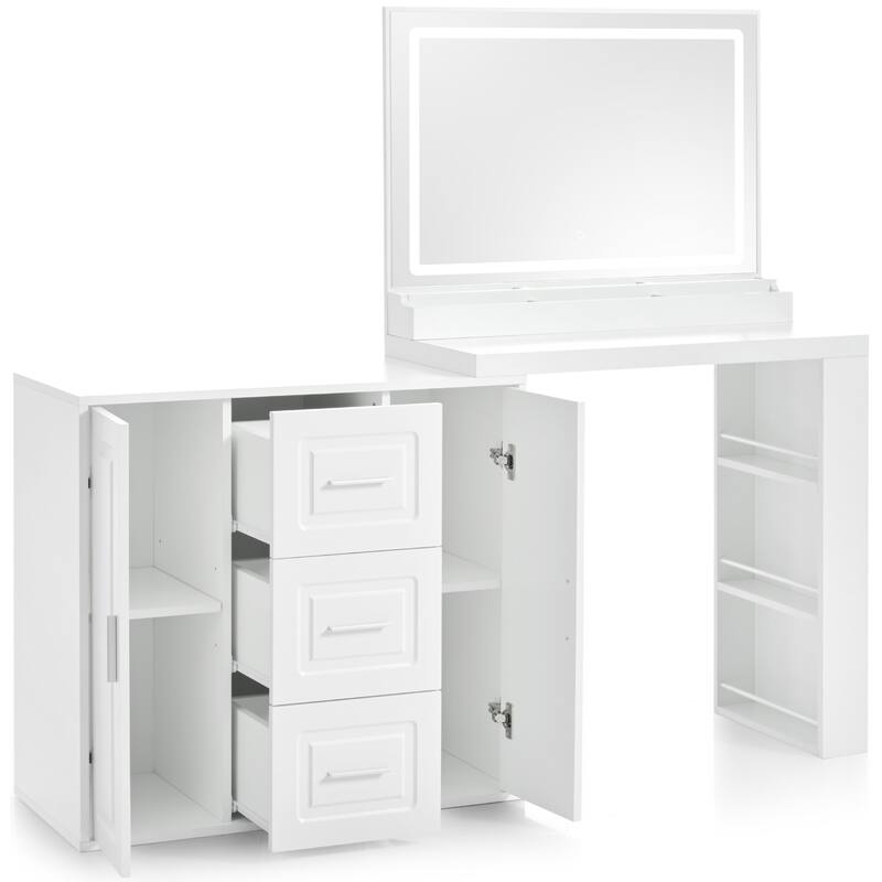 59" Makeup Vanity Desk with Square Vanity Mirror with Lights, Wooden Dressing Table with Storage Shelves for Bedroom
