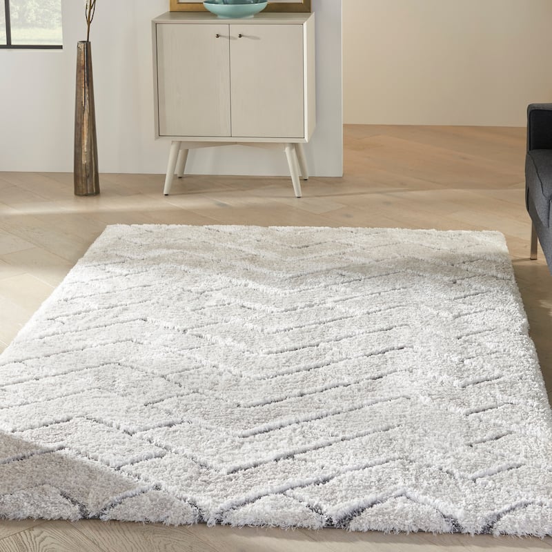 Nourison Dreamy Shag Contemporary Chevron Geometric Abstract Area Rug - 7'10" x 9'10" - Ivory/Grey - Rectangle
