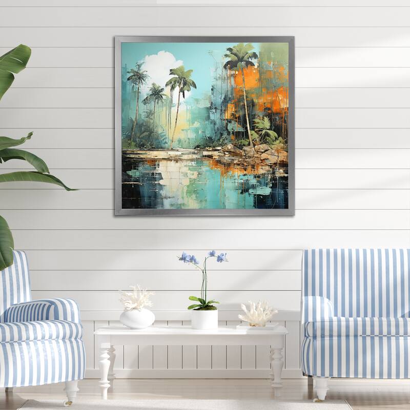 Designart "Tropical Jungle River III" Coastal Tropical Wall Decor Green Coastal Entryway Framed Wall Art Print - 16 in. wide x 16 in. high - Silver