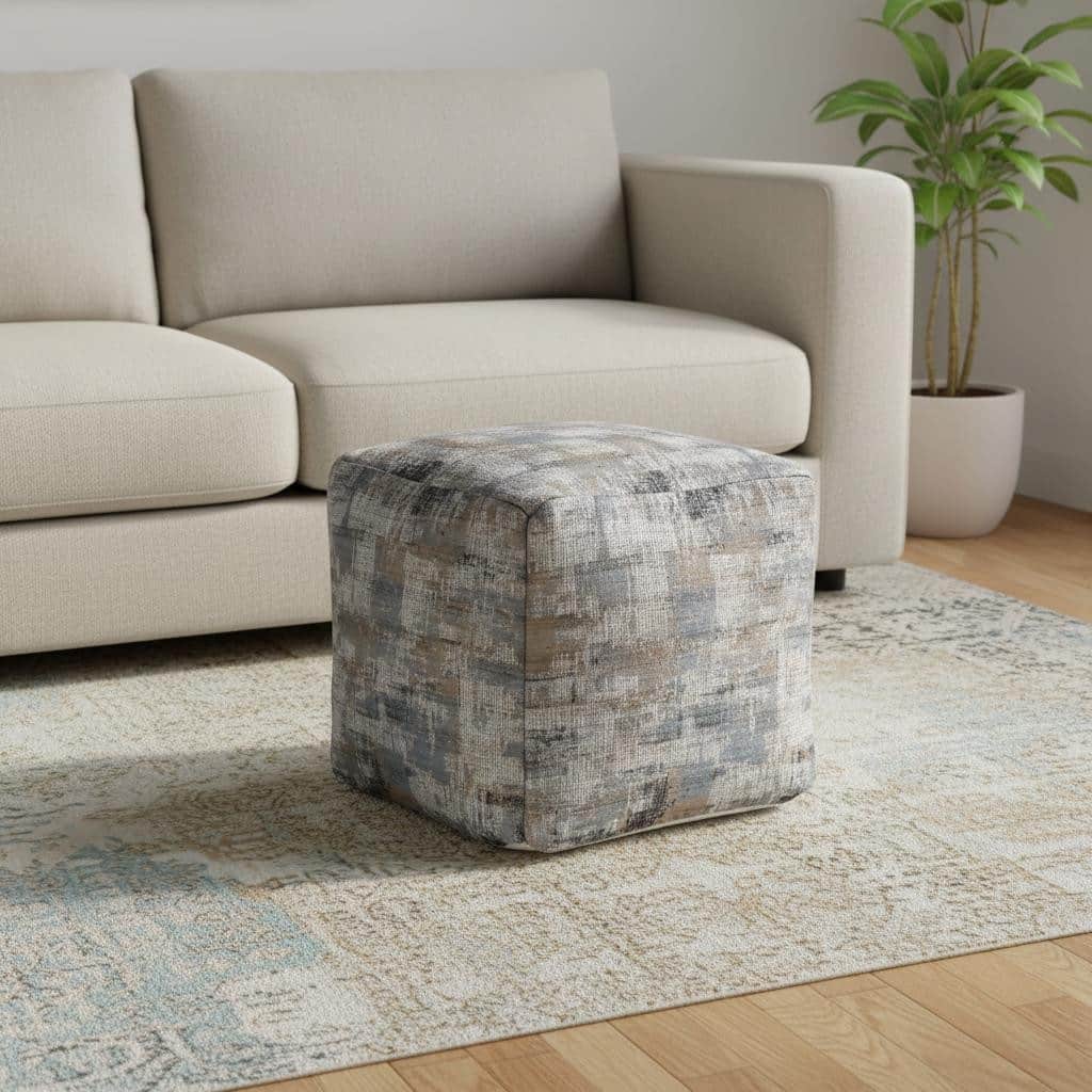 HomeRoots 18" Blue Cotton Abstract Pouf Ottoman