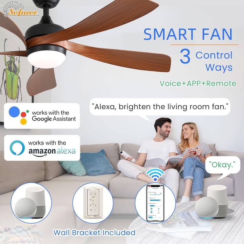 52 Inch Ceiling Fan with Remote & Lights Quiet DC Motor 5 Blade High CFM Modern Fan
