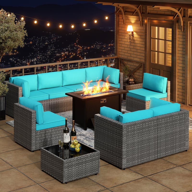 11 Piece Sectional Seating Group with Fire Pit and Cushion