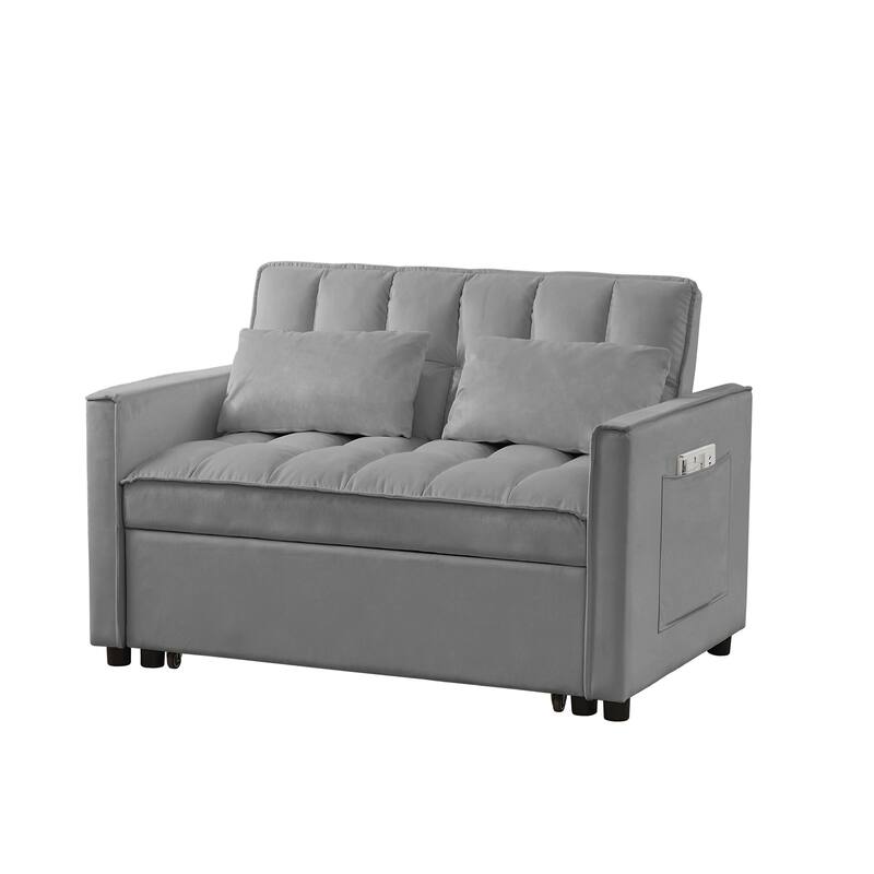 Velvet Loveseat Convertible Pull-out Sleeper Sofa Bed, Tufted Futon Sofa with Adjustable Backrest and 2 Pillows, Pockets