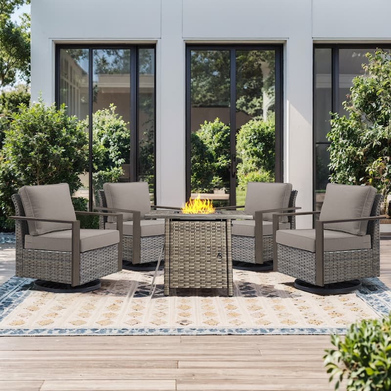 Pocassy Fire Pit Table with Outdoor Sofa Chair Ottoman Set - Grey Wicker Gray Cushion - 5-Piece Swivel Chair with Suqare Fire Table