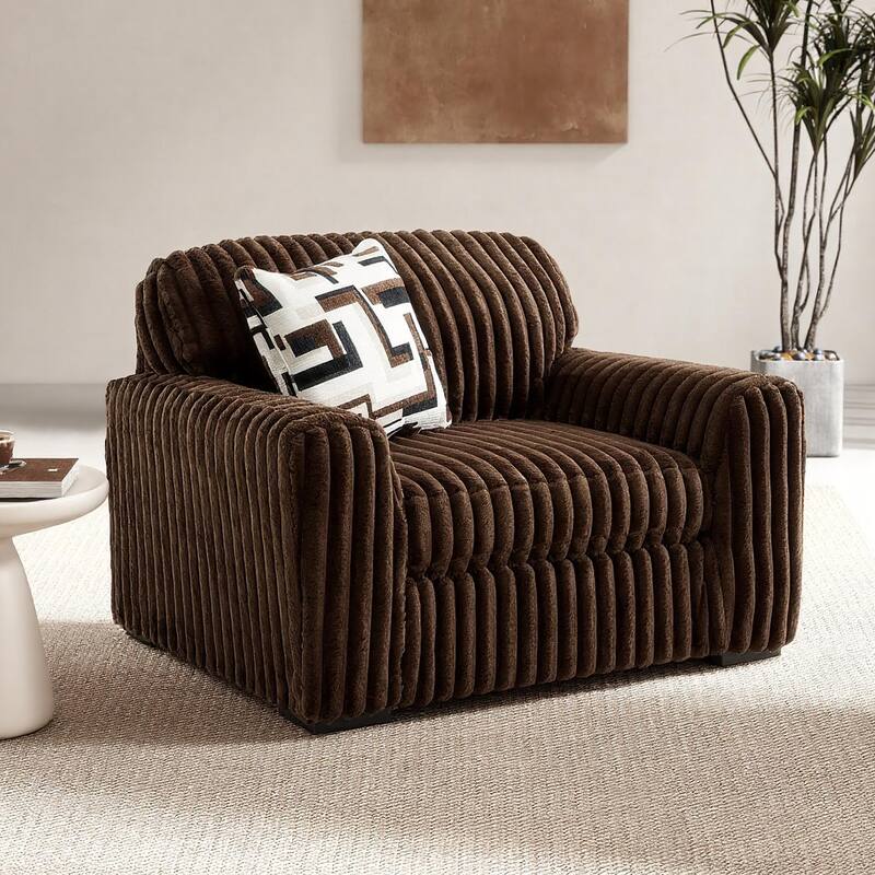 Roundhill Furniture Solenne Oversized Chair and a Half with Jumbo Corduroy Upholstery, Reversible Cushion, and Accent Pillow - Brown