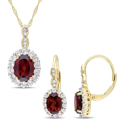 Miadora Signature Collection 14k Yellow Gold Garnet White Topaz & Diamond Accent Halo Necklace & Leverback Earrings Set