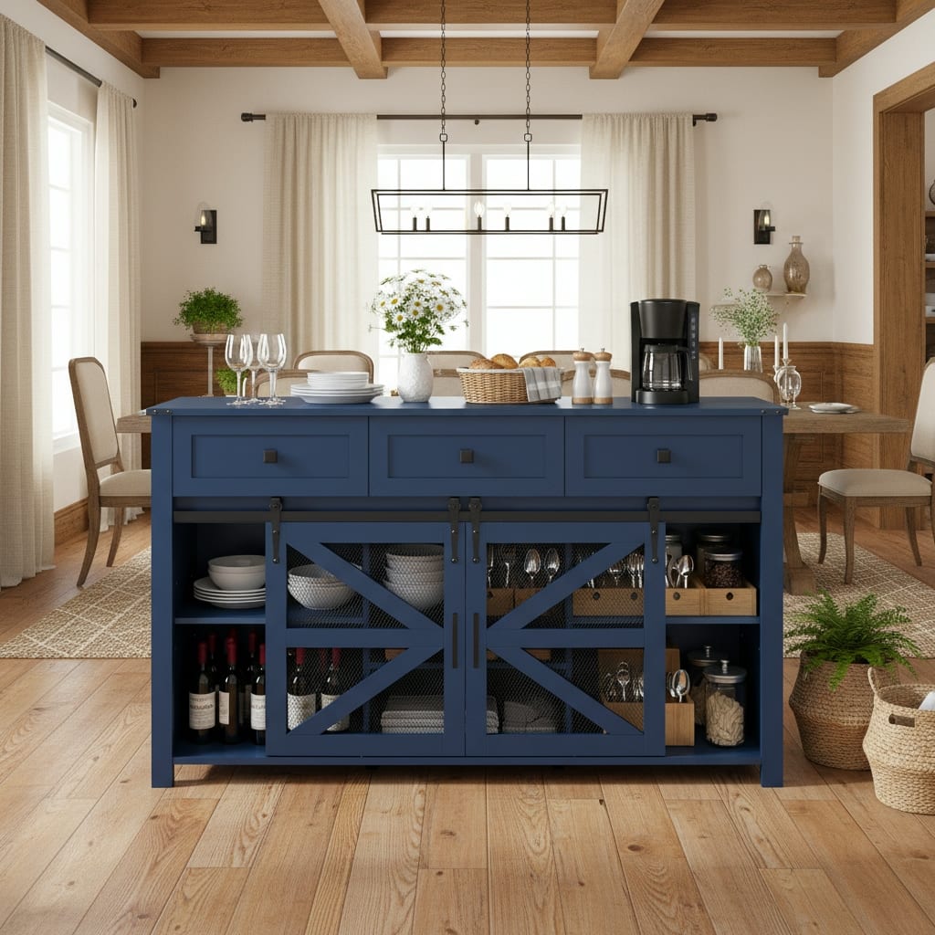 55'' Sliding Barn Door Sideboard Buffet Cabinet with 3 Drawers