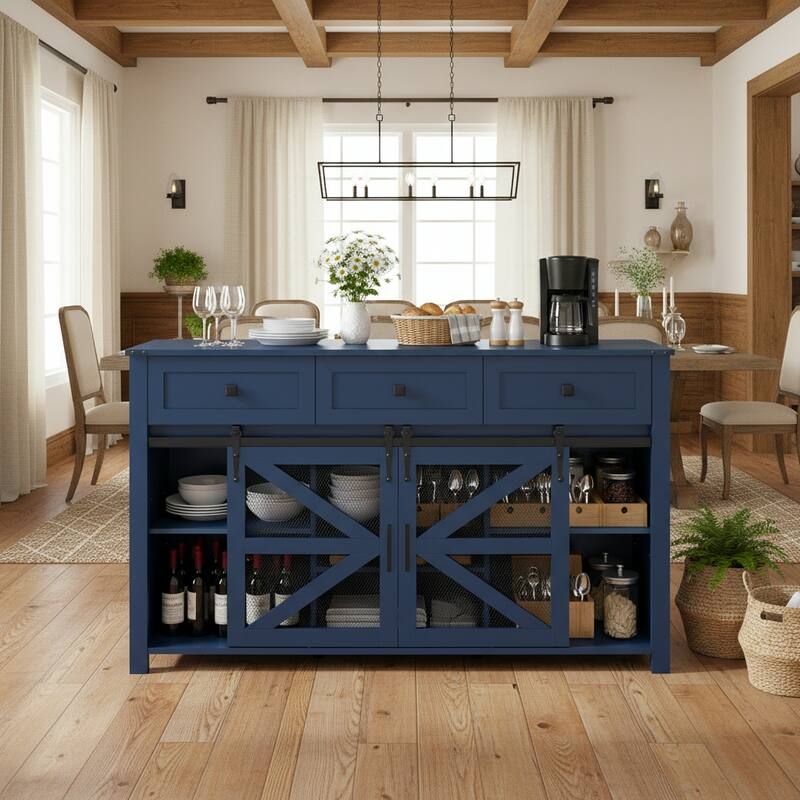 55'' Sliding Barn Door Sideboard Buffet Cabinet with 3 Drawers