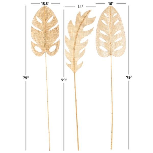 Light Brown Bamboo Wood Handmade Tall Woven Palm Leaf Leaf Home Decor Natural Foliage with Varying Shapes (Set of 3)