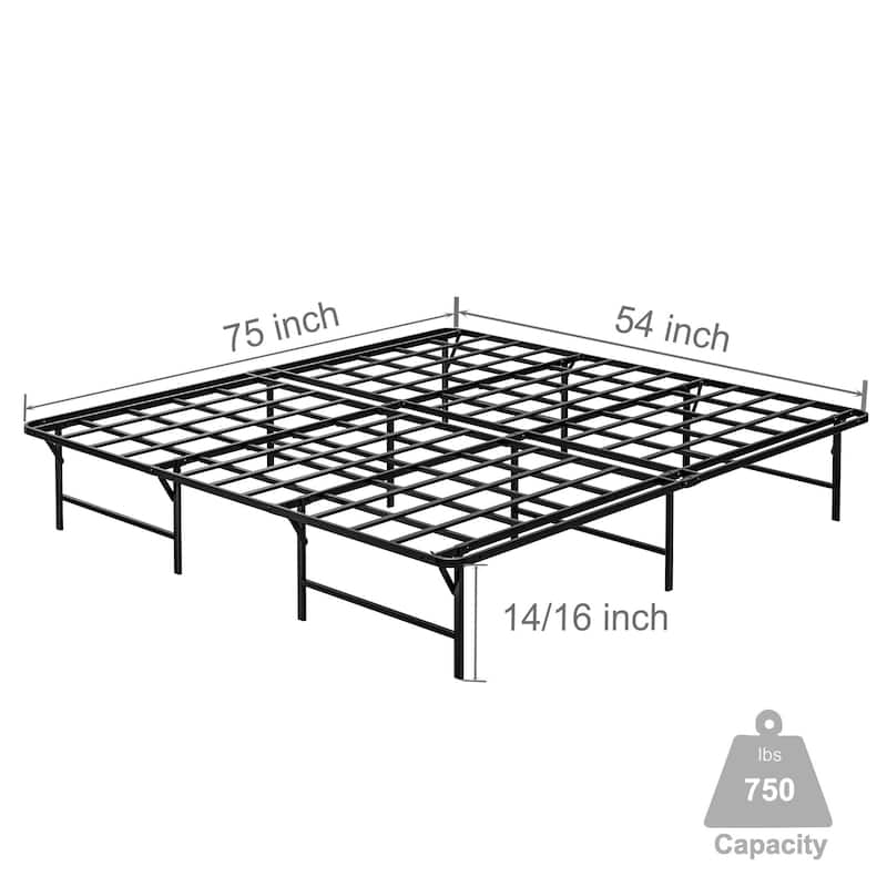 16 Inch Folding Platform Bed Frame, Black Metal Bed