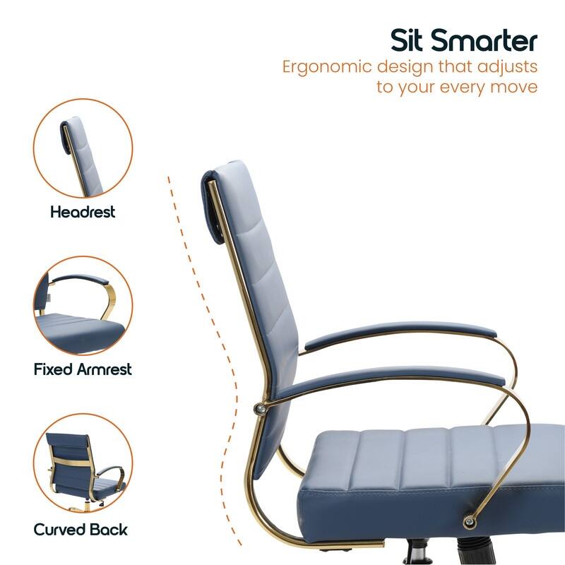 Benmar Mid-Back Leather Office Desk Chair in Gold Stainless Steel Frame Adjustable Height Tilt Lock 360 Swivel Ergonomic Chair