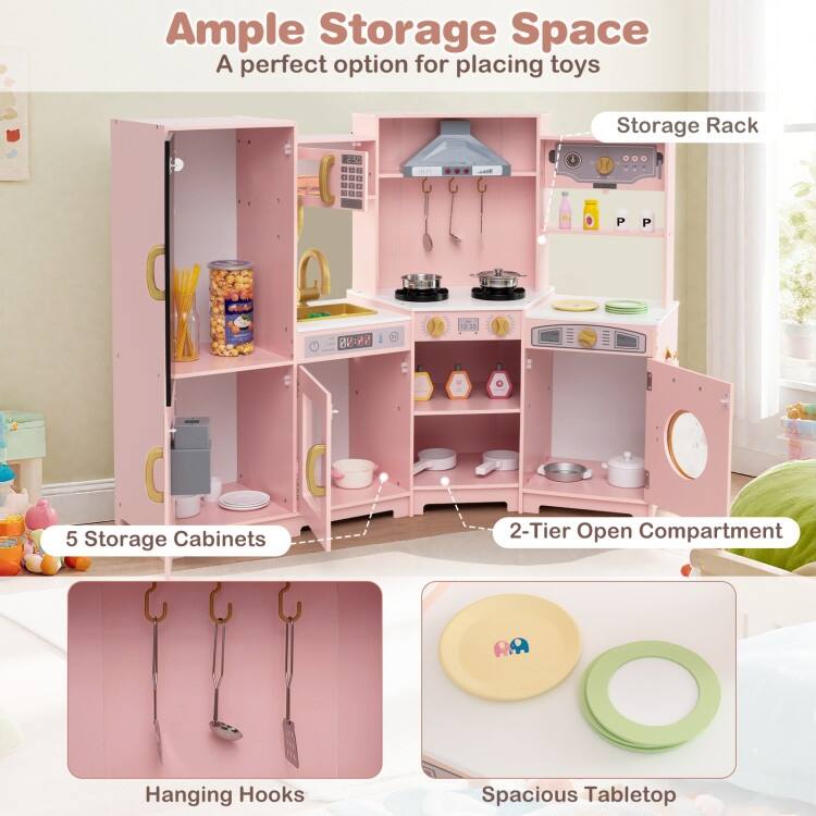 MDF Kids Corner Play Kitchen with Lights, Sounds and Ice Maker - 52" × 18.5" × 36"