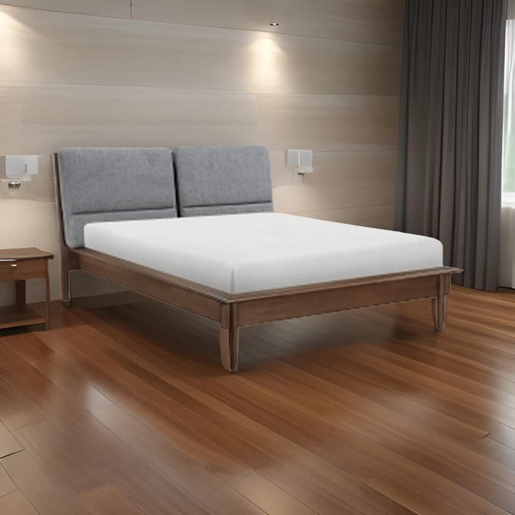 Soly Queen Size Platform Bed, Upholstered Back Panel, Brown, Dark Gray