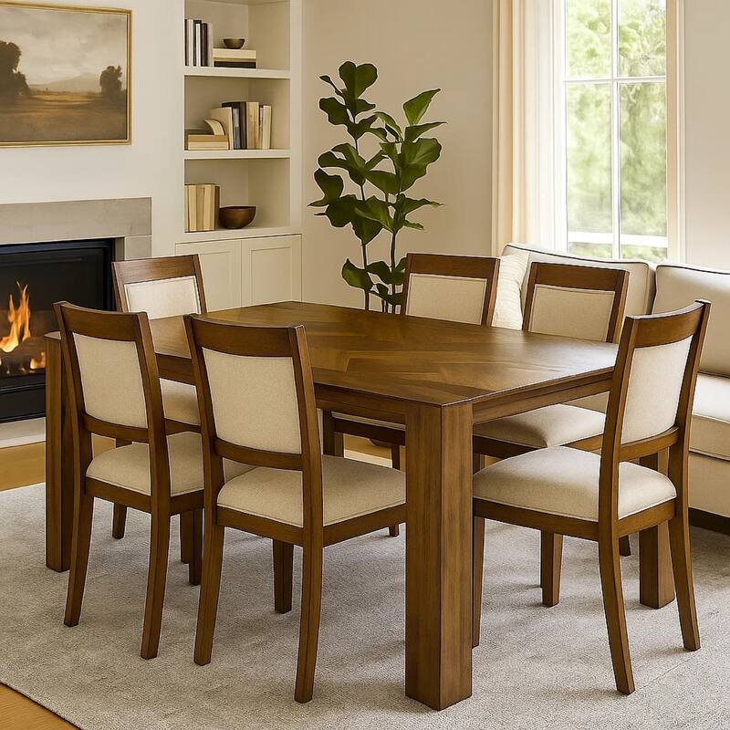 Liyo Dining Table, 71 Inch Rectangular Brown Wood Top, Block Legs