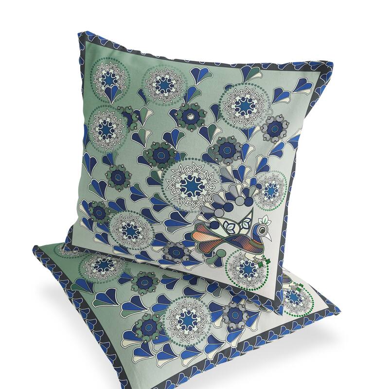 HomeRoots Set of Two 16" X 16" Green and Brown Peacock Blown Seam Floral Indoor Outdoor Throw Pillow - 16.00' X '16.00' X '5.00