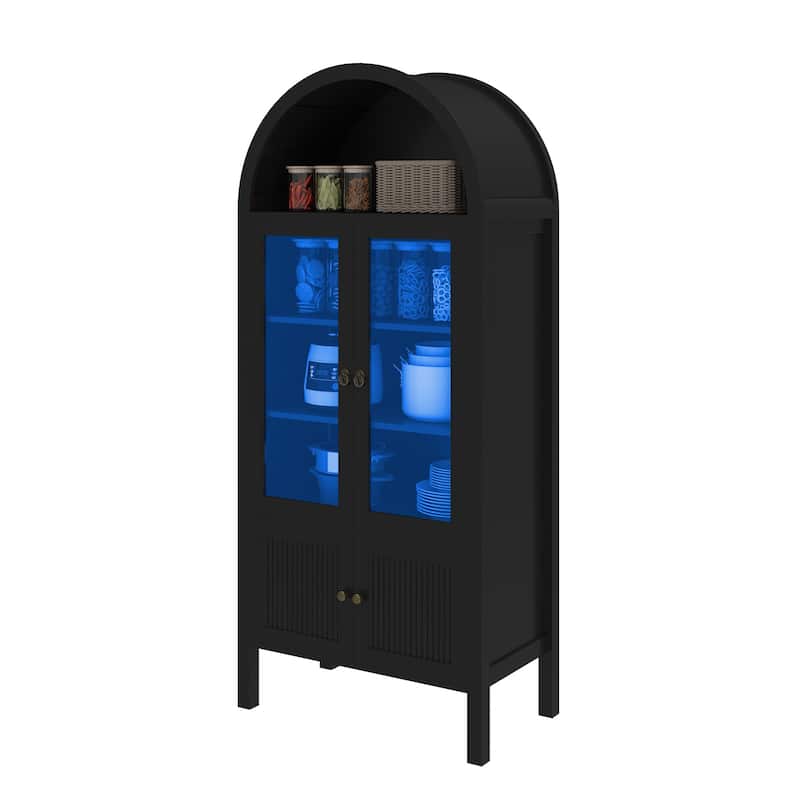 Moasis 71 Inch Tall Arched Display Cabinet with LED Lighting and Glass Doors for Living Room or Dining Room Storage