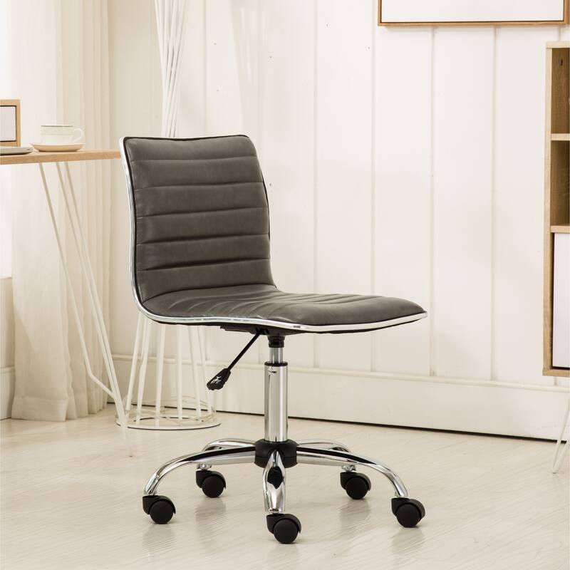 Cute Armless Office Chair, Leather Computer Desk Chair, Vanity Task Chair with Adjustable Height, Swivel Wheels, Mid Back