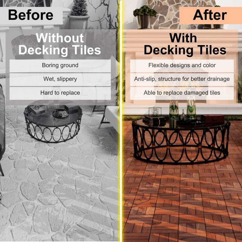 Acacia Wood Interlocking Deck Tiles Checker Pattern, 10PCS 12" x 12" Square Brown Acacia Hardwood Outdoor Flooring for Patio
