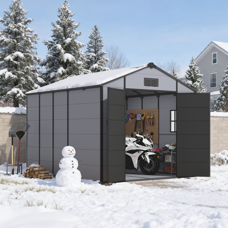 Erommy Outdoor Storage Shed with Built-In Floor, Lockable Double Doors & Sloped Roof
