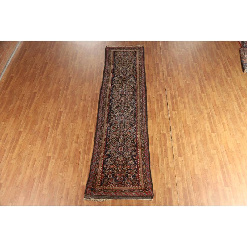 Hand Knotted Oriental 100% Wool Carpet Traditional Floral Navy Blue & Blues Malayer Runner Rug - 12' 8'' X 3' 3''