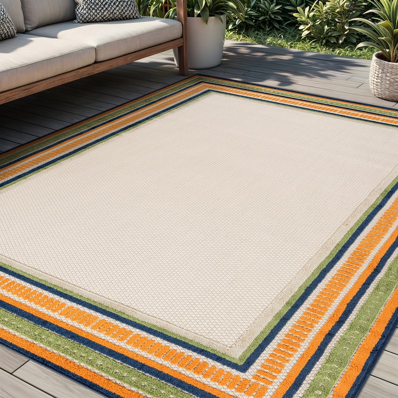 World Rug Gallery Indoor/Outdoor High-Low Textured Area Rug, Coastal Border Easy-Clean Patio Rug