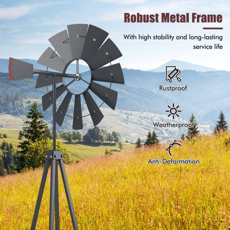 8 Feet Metal Windmill Outdoor Garden Yard Ornament with Weathervane