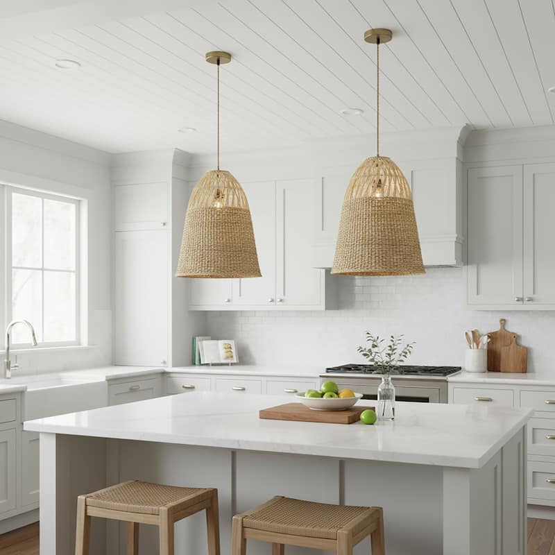 Willa 1-Light Rattan Bell Pendant, Coastal Boho - Handwoven - 16" Wide