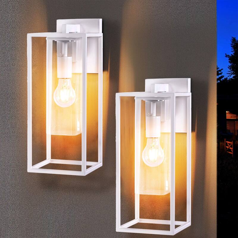 2 Pack Metal 1-Light Clear Glass Outdoor Wall Lighting Sconce - M: 15.7"Hx6.2"Wx8"D - White