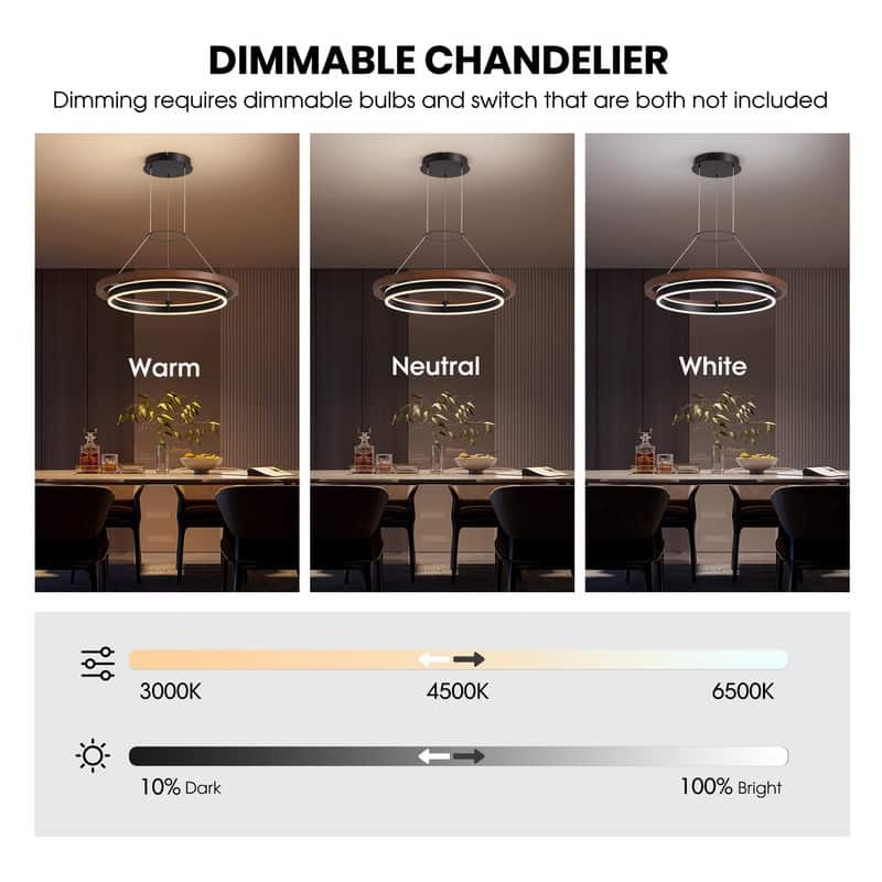 23.6 in. Modern Farmhouse Chandelier 2-Tier Round Ring Walnut LED Wooden Pendant Light for Kitchen Island