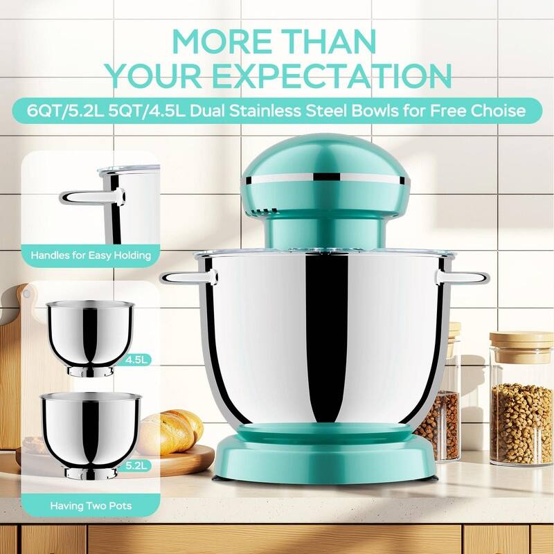 5.2L + 4.5L Electric Food Mixer with Timer, 10-Speed Portable Kitchen Mixer