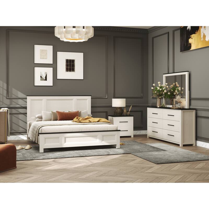 Roundhill Furniture Realynn 5-Piece Wood Bedroom Set, Panel Bed with Dresser, Mirror, Chest, and Nightstand, Off-White Finish