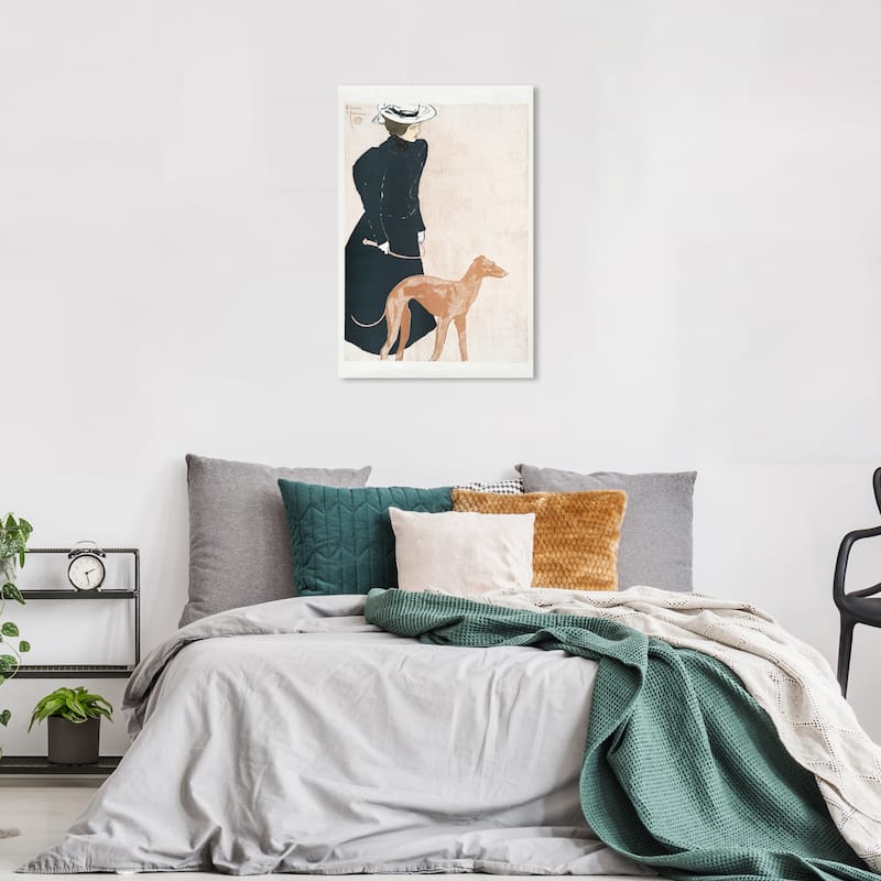 Wynwood Studio Canvas Fashion Woman with Greyhound - Edward Penfield Black and Pumpkin Modern Wall Art Canvas Print - 36 x 24