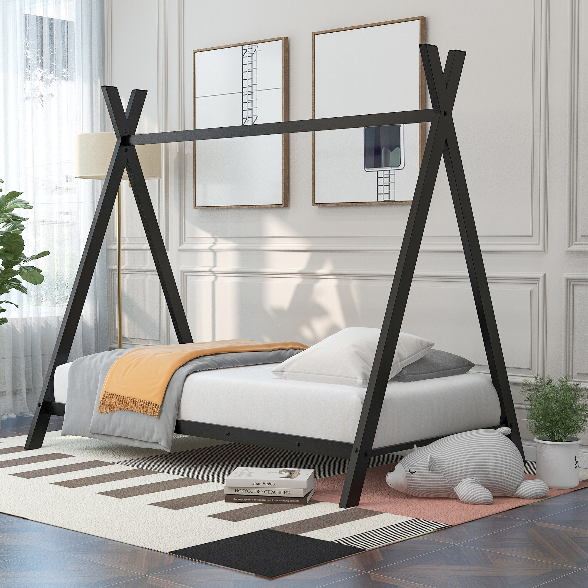 Twin Size Bed Tent Frame with Metal Floor Playhouse Slat Support for Kids Bedroom Furniture No Box Spring Required Beige